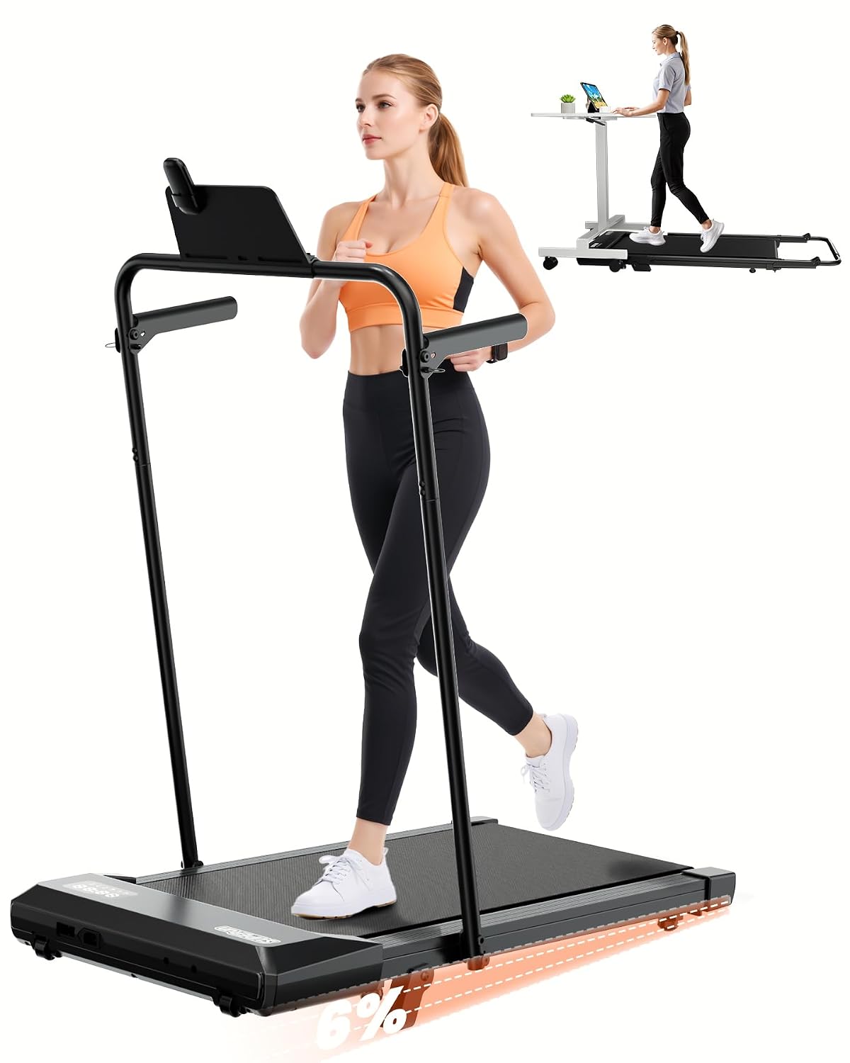 6% Incline Walking Pad with Handlebar, Cream White